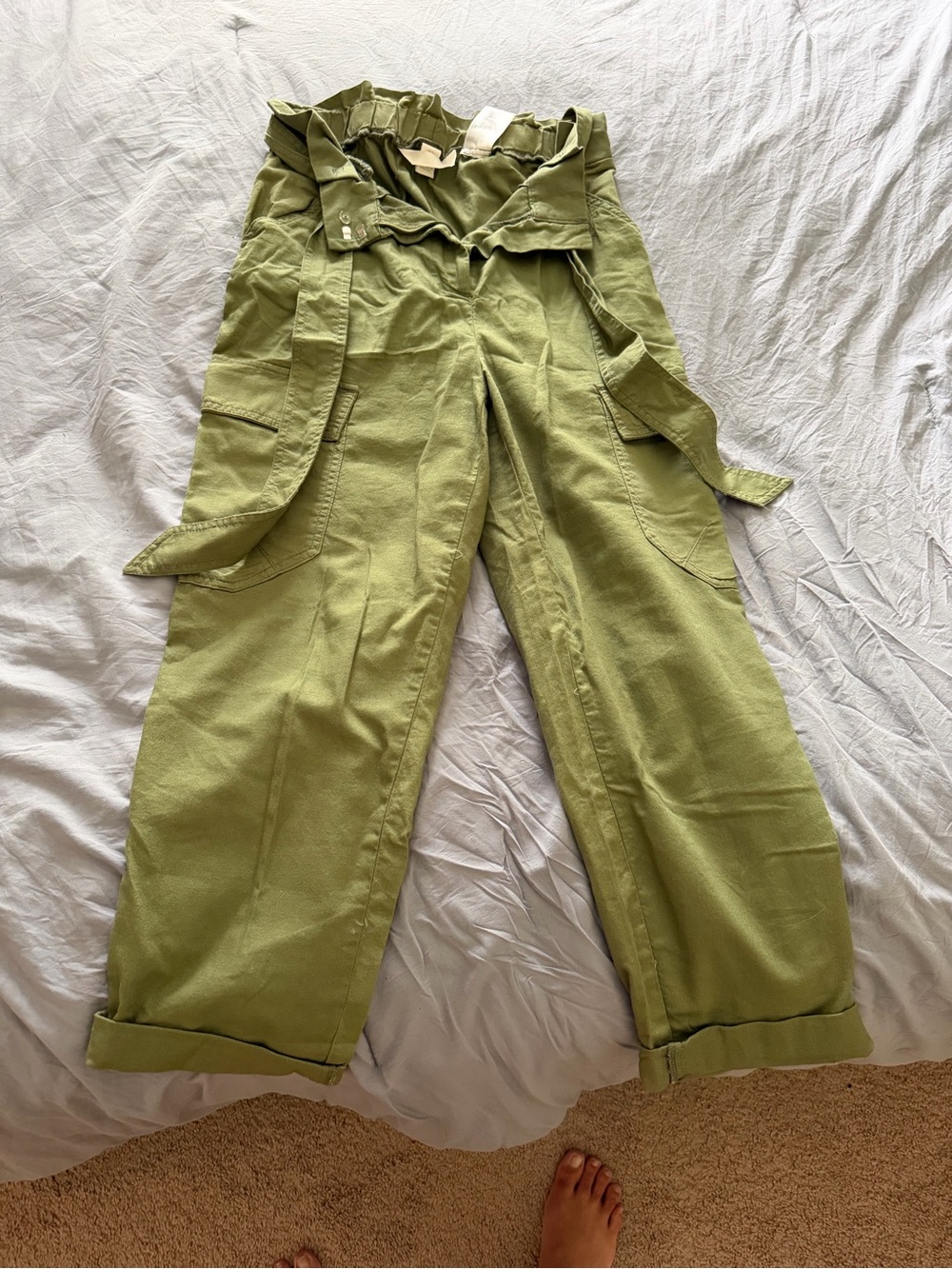 H&M Olive Green Wide-Leg Paperbag Cargo Pants